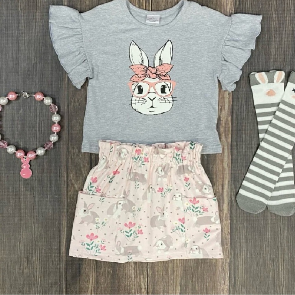 Gray Bunny T-Shirt and Pink Bunny Skirt Set